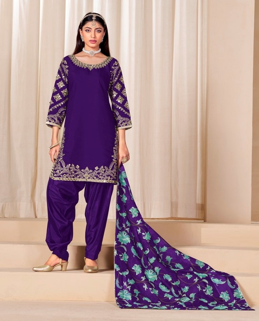 225-purple - Mirror Work Purple Embroidered Punjabi Suit